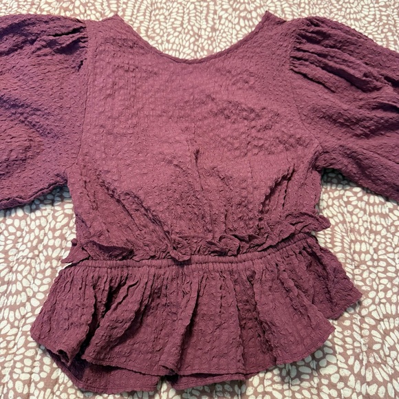 Free People Plum Seersucker Puff Sleeve Blouse - Picture 2 of 7